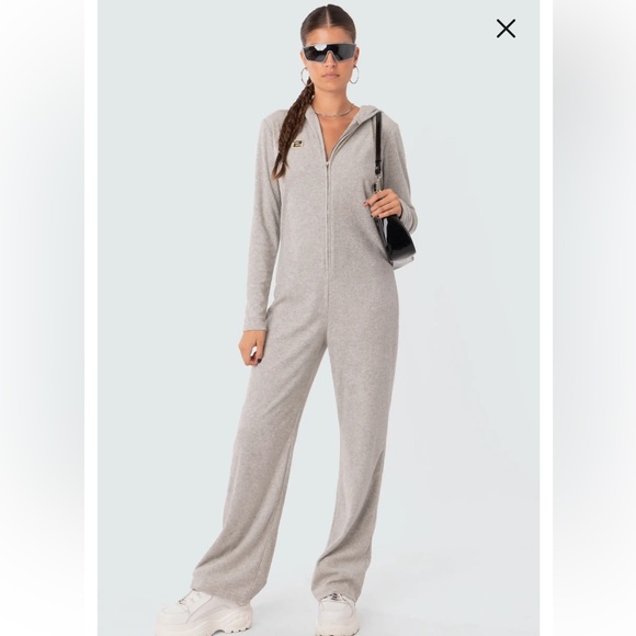 Edikted Pants - Edikted Terry Cloth Hooded Loungewear Jumpsuit
